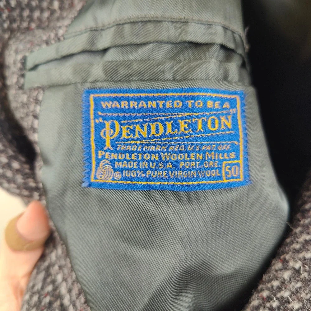 Vintage 70s Pendleton Mens Blazer 50 Grey Suede Yoke Wool Tweed Western Academic